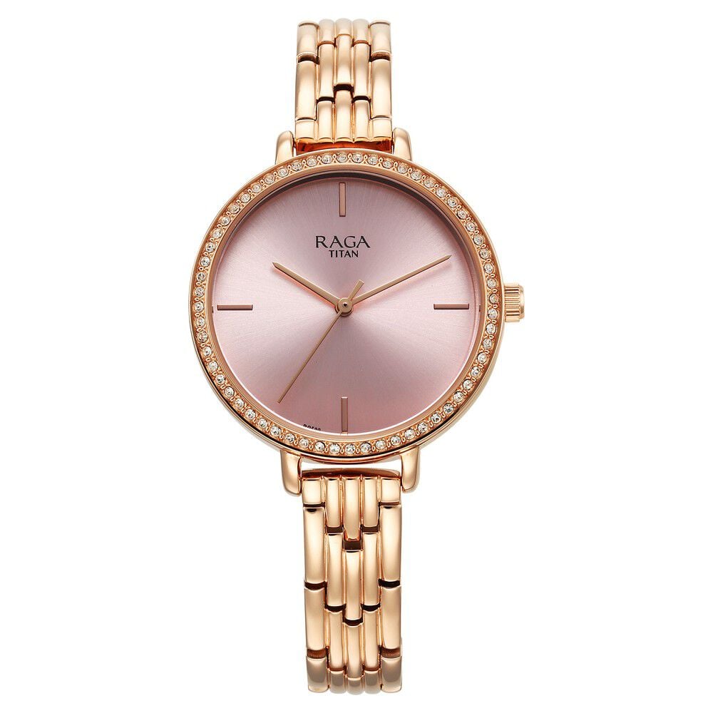 [95286wm01] Titan Raga Showstopper Quartz Analog Pink Dial Metal Strap Watch for Women