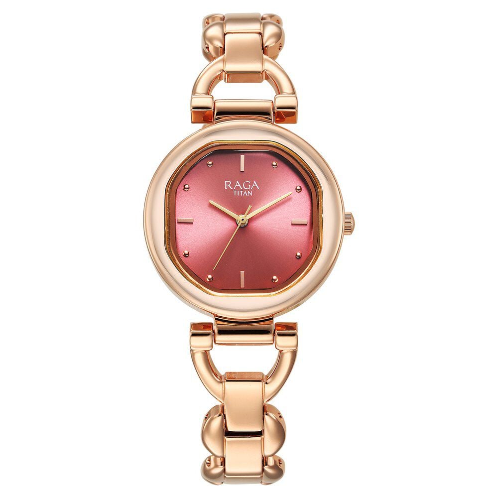 [95301wm01] Titan Raga Showstopper Quartz Analog Pink Dial Metal Strap Watch For Women