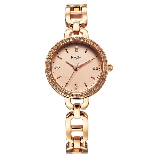 [95305wm01] Titan Raga Showstopper Quartz Analog Rose Gold Dial Metal Strap Watch For Women