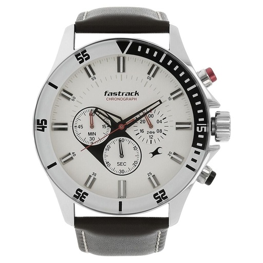 [3072sl01] Fastrack Big Time Quartz Chronograph White Dial Leather Strap Watch for Guys