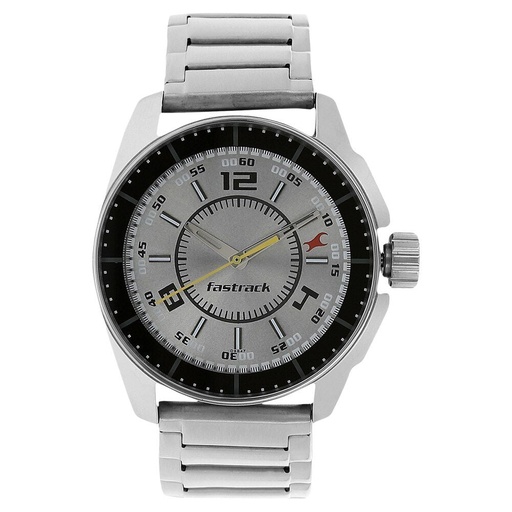 [3089sm02] Fastrack Quartz Analog Silver Dial Stainless Steel Strap Watch for Guys