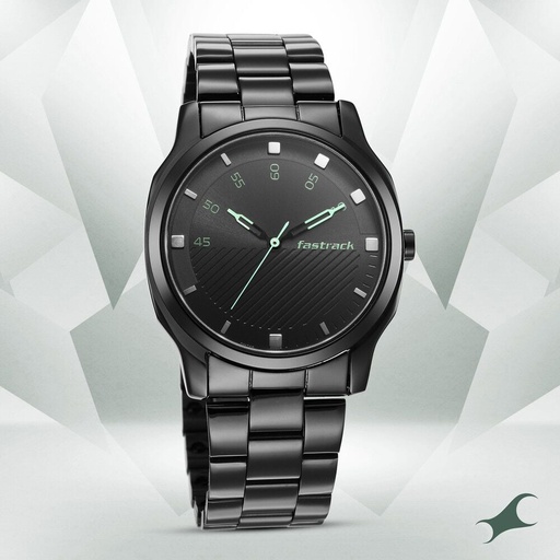 [3255nm02] Fastrack Stunners Quartz Analog Black Dial Stainless Steel Strap Watch for Guys