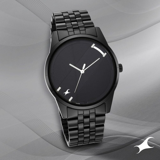 [3277nm01] Fastrack Stunners Quartz Analog Black Dial Metal Strap Watch for Guys
