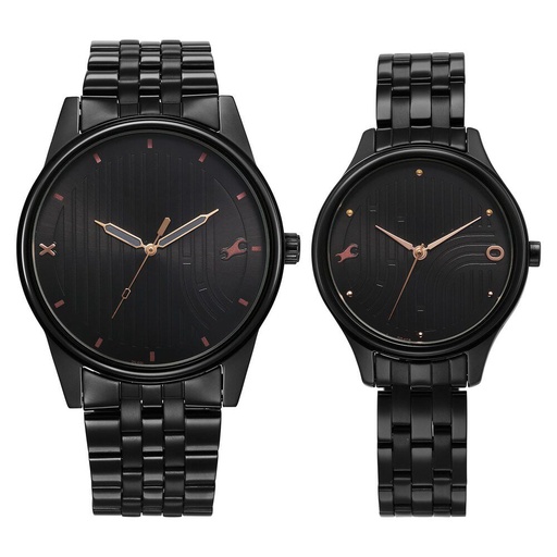 [33056296nm02p] Fastrack Mixmatched Quartz Analog Black Dial With Black Metal Strap Watch For Couple