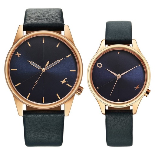 [33056296wl01p] Fastrack Mixmatched Quartz Analog Blue Dial With Blue Leather Strap Watch For Couple