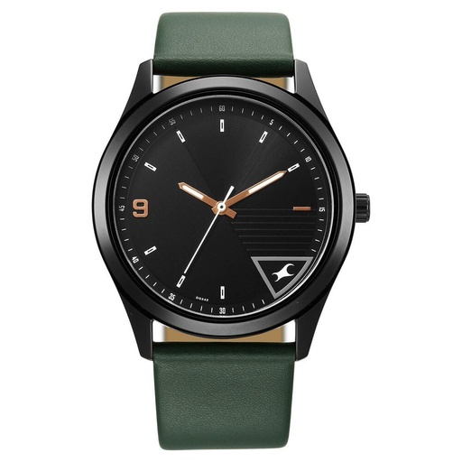 [3317nl01] Fastrack Stunners Quartz Analog Black Dial Green Leather Strap Watch For Guys