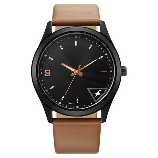 [3317nl02] Fastrack Stunners Quartz Analog Black Dial Brown Leather Strap Watch For Guys