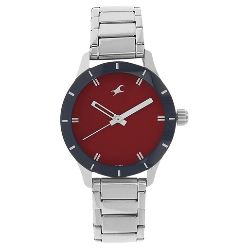 [6078sm05] Fastrack Quartz Analog Red Dial Stainless Steel Strap Watch for Girls