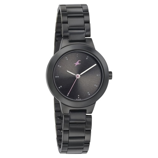 [6150nm01] Fastrack Pulse Quartz Analog Black Dial Stainless Steel Strap Watch for Girls