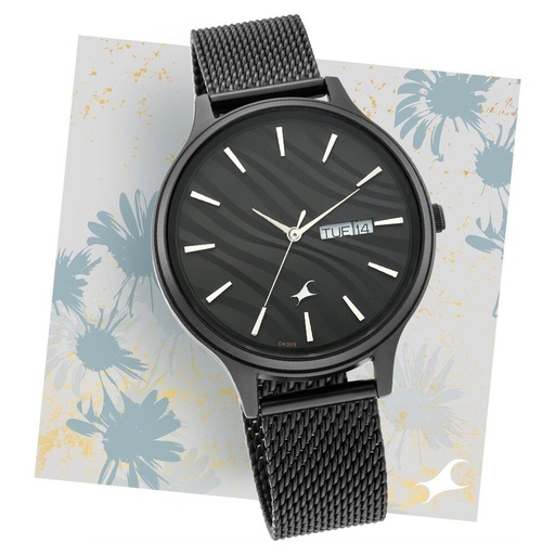 [6207nm01] Fastrack Ruffles Quartz Analog with Day and Date Black Dial Stainless Steel Strap Watch for Girls