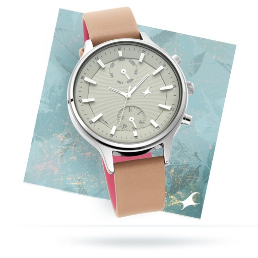 [6208sl02] Fastrack Ruffles Quartz Multifunction Beige Dial Leather Strap Watch for Girls