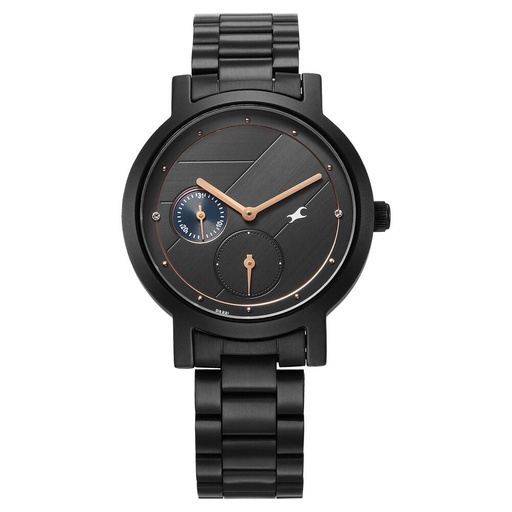 [6225nm01] Fastrack Tick Tock Quartz Analog Black Dial With Black Stainless steel Strap Watch for Girls